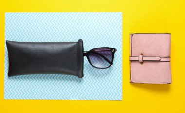 Kağıt üzerinde modaya uygun kadın aksesuarları. Moda deri cüzdanlar, koruyucu bir çantada güneş gözlüğü. Üst görünüm