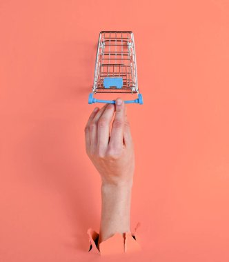 Kadın el, küçük bir alışveriş arabasına dokunup yırtılmış pembe kağıda dokunuyor. Asgari alışveriş konsepti