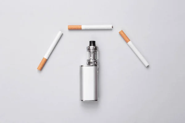 Vaping Device Cigarettes Gray Background Alternative Smoking Top View — Stock Photo, Image