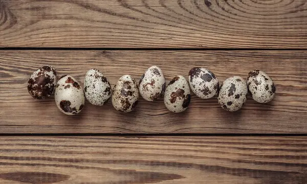 Quail Eggs Wooden Table Easter Concept Top View — Stock Photo, Image