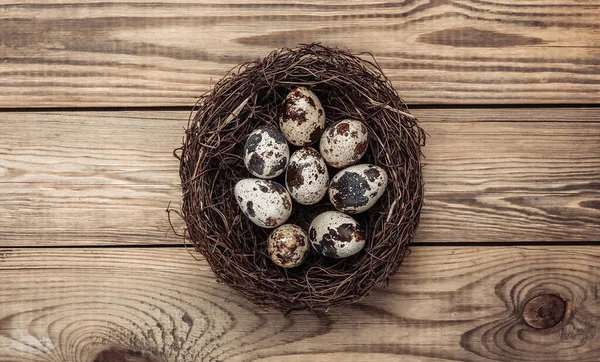 Quail Eggs Nest Wooden Table Easter Concept — Stock Photo, Image