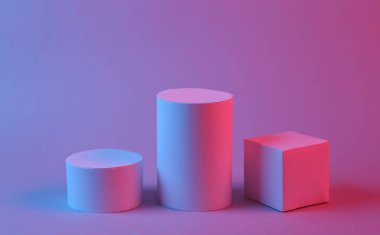 Geometrik şekiller kırmızı-mavi neon ışıkta. Yaratıcı bir gösteri. Sürrealizm. Sanat kavramı, geçmişe dönük fütürizm, minimalizm