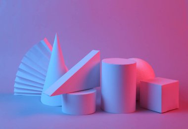 Geometrik şekiller kırmızı-mavi neon ışıkta. Yaratıcı bir gösteri. Sürrealizm. Sanat kavramı, geçmişe dönük fütürizm, minimalizm