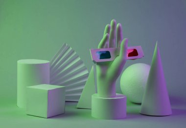 El ele tutuşan 3D gözlükler, yeşil mor neon ışıklı geometrik şekiller. Sürrealizm. Sanat kavramı, geçmişe dönük fütürizm, minimalizm