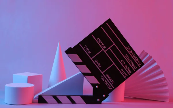 Clapperboard Geometric Shapes Red Blue Neon Light Minimalism Filmmaking Entertainment — Stock Photo, Image