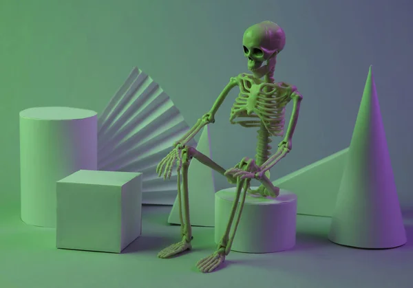 Halloween Straszne Przedstawienie Szkielet Geometryczne Kształty Zielonym Fioletowym Świetle Neonowym — Zdjęcie stockowe