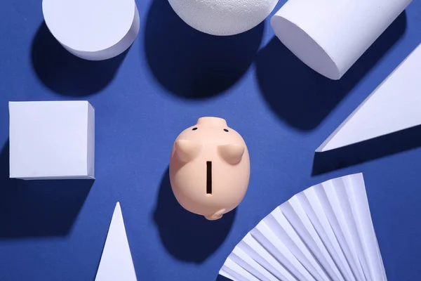 Minimalism Blue Background Geometric Shapes Piggy Bank Trendy Shadows — Stock Fotó