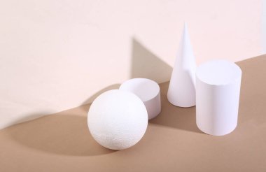 Yaratıcı modern natürmort. Bej kahverengi arka planda farklı geometrik şekiller. Minimalizm. Moda gölgesi.