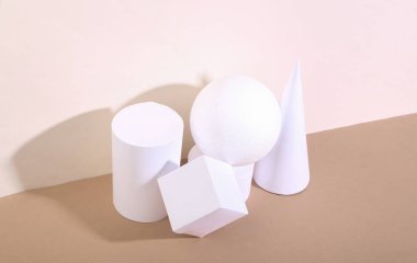 Yaratıcı modern natürmort. Bej kahverengi arka planda farklı geometrik şekiller. Minimalizm. Moda gölgesi.