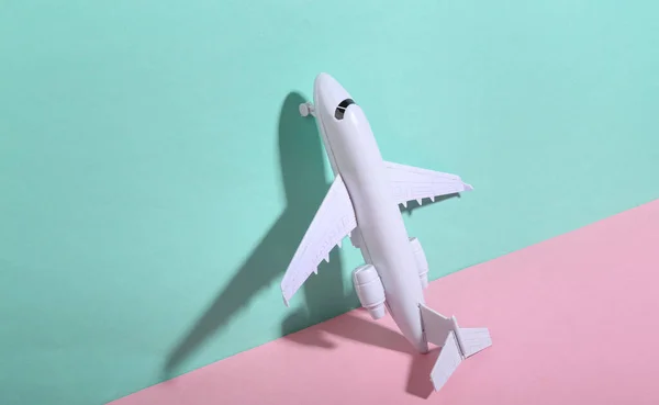 Toy Airplane Blue Pink Background Minimalism Trendy Shadow Creative Layout — Stock Photo, Image