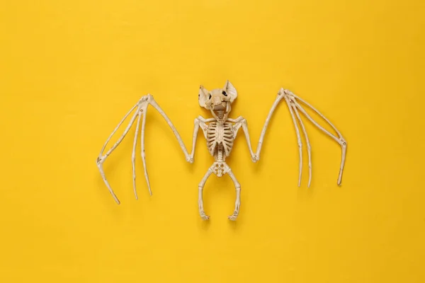 Creepy Bat Skeleton Yellow Background Halloween Layout — Stock Photo, Image