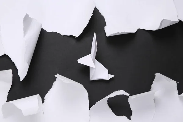 Origami Rabbit Black Background White Torn Paper Concept Art Minimalism — Stock fotografie