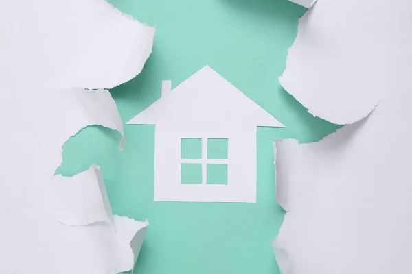 Paper House Blue Background White Torn Paper Concept Art Minimalism — Φωτογραφία Αρχείου