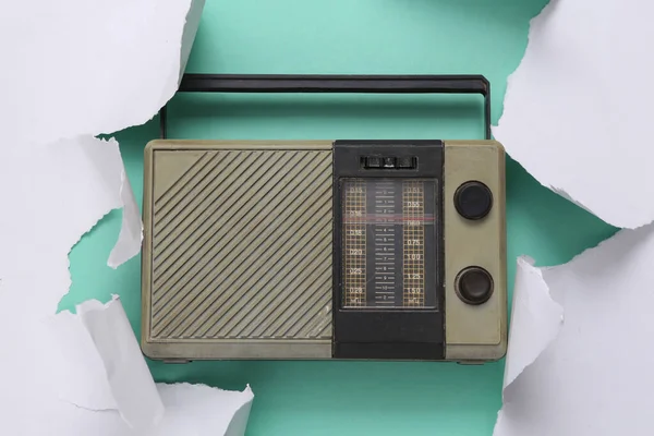 Retro Radio Receiver Blue Background White Torn Paper Broadcasting Concept — Φωτογραφία Αρχείου