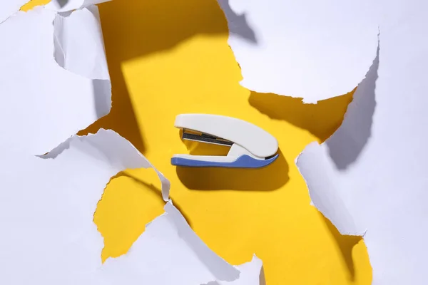 Stapler Yellow Background White Torn Paper Minimalism Trend Shadow Top — Stok fotoğraf