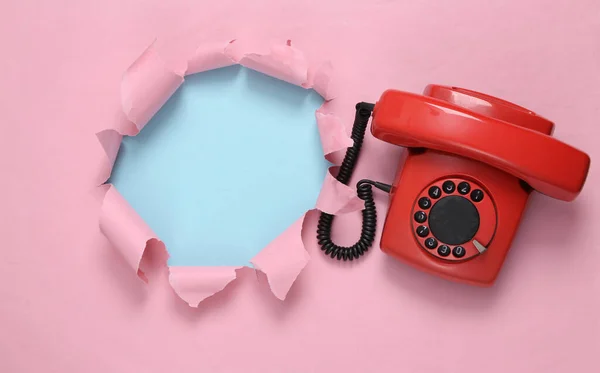 Torn Hole Retro Rotary Phone Blue Pink Pastel Background Concept — Stockfoto