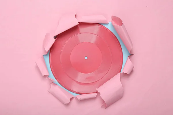Diseño Música Creativa Grabación Vinilo Rosa Través Agujero Roto Papel — Foto de Stock