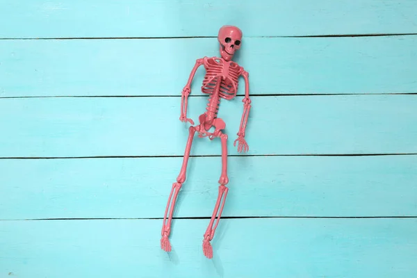 Roze Skelet Blauwe Houten Ondergrond Minimalisme Bovenaanzicht Vlakke Plaat — Stockfoto
