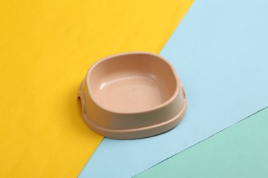 Renkli arka planda kedi maması için boş kase. 