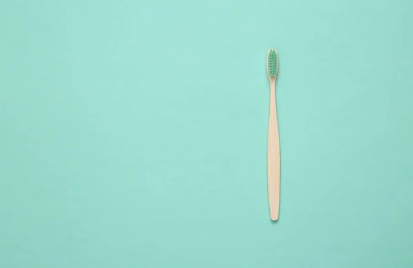 Eco Friendly Bamboo Toothbrush Blue Background Top View Copy Space — Stock Photo, Image