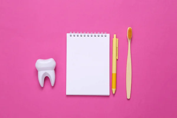 Eco Friendly Bamboo Toothbrush Notebook Tooth Pink Background Dental Care — Stock Photo, Image