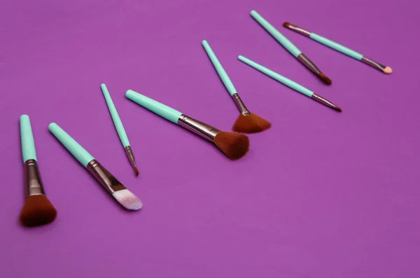 Makeup Brushes Purple Background Beauty Layout — Fotografia de Stock