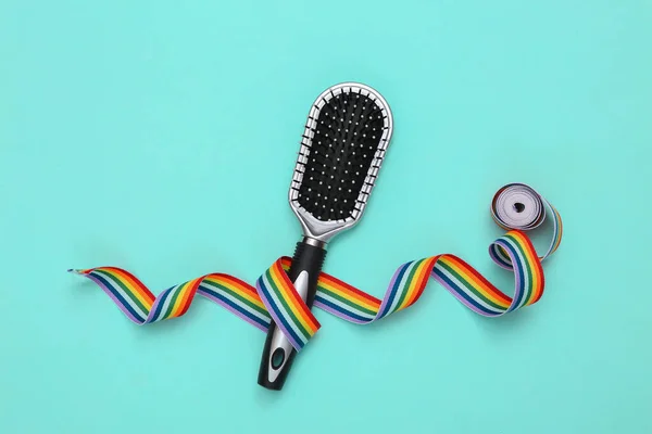 Hair Brush Rainbow Tape Blue Background Beauty Layout — Stock Photo, Image