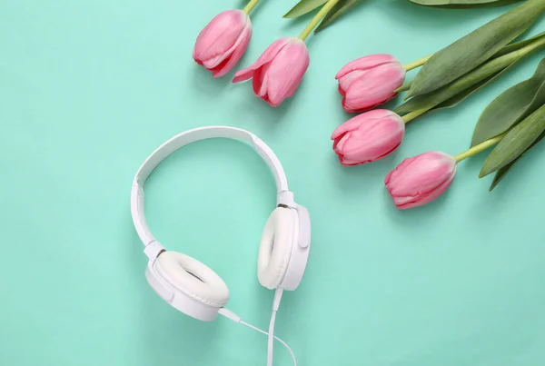 青い背景にヘッドフォンでピンクのチューリップ ロマンチックな音楽愛の概念 — ストック写真