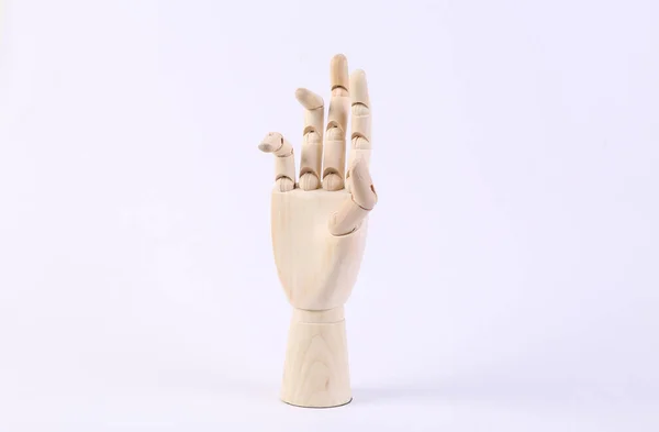 Fából Készült Baba Keze Megérintette Ujjait Egyenesen Fehér Háttér — Stock Fotó