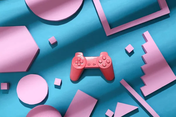 Gamepad Rosa Con Forme Geometriche Rosa Sfondo Blu Con Ombra — Foto Stock