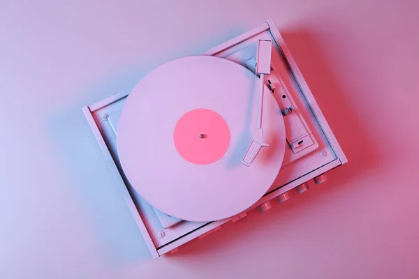 Grabador Vinilo Blanco Luz Degradada Neón Rosa Azul Concepto Música — Foto de Stock