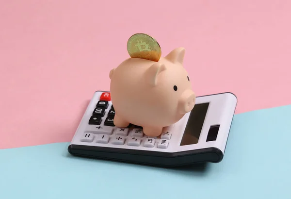 ピギーバンクとビットコインと電卓上の青ピンクのパステルの背景 — ストック写真