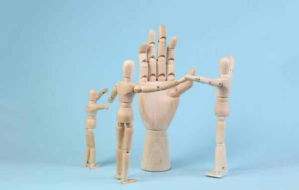 Wooden Puppets Hand Blue Background — 스톡 사진