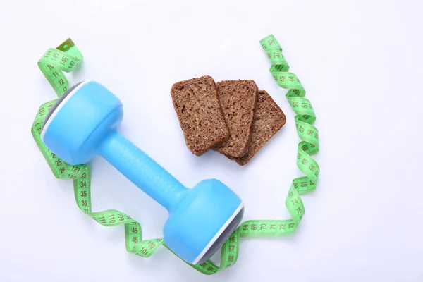 Cinta Métrica Pesas Pan Centeno Grano Entero Dietético Sobre Fondo — Foto de Stock