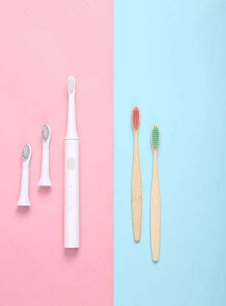 Ultrasonic Plastic Toothbrush Eco Bamboo Toothbrushes Blue Pink Pastel Background — Stock Photo, Image