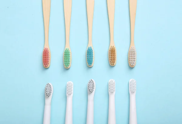 Eco Bamboo Toothbrushes Blue Pastel Background Top View — Stock Photo, Image