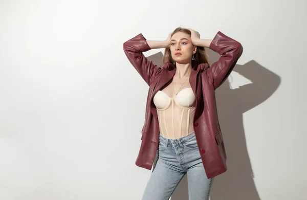 Sexy Fashionable Vogue Woman Model Corset Leather Jacket White Background — Stock Photo, Image