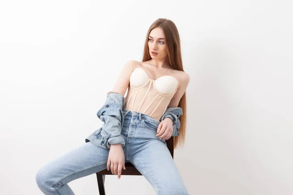 Sexy Fashionable Vogue Woman Model Dressed Jeans Corset Sitting Chair — Stock Photo, Image