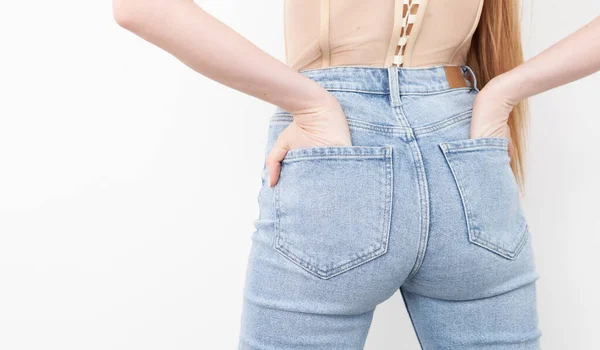 Woman Butt Tight Blue Jeans White Background — Fotografia de Stock