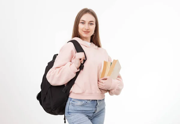 Young Attractive Caucasian Woman Student Backpack Books Isolated White Background — Stock Photo, Image
