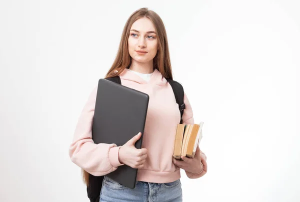 Young Attractive Caucasian Woman Student Backpack Laptop Books Isolated White — Stock Photo, Image