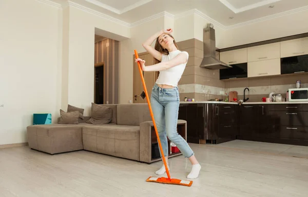 Tired Young Woman Cleaning Apartment Stands Mop House Cleaning Concept — Stock Photo, Image