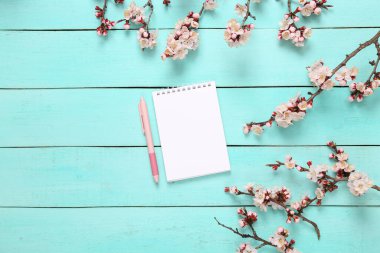 Not defteri ve mavi ahşap arka planda güzel pembe çiçekli dallar. Bahar zamanı, konsept. Düz yatış, üst görünüm