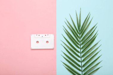 Pembe arka planda ses kaseti ve palmiye yaprakları. Tropik, müzik kompozisyonu. Üst Manzara. Düz yatıyordu