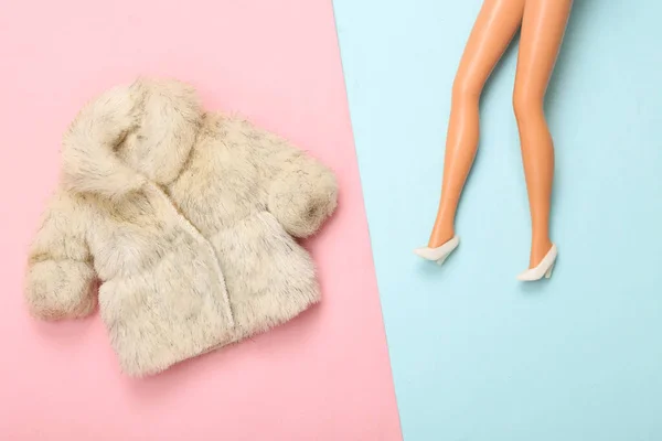 Woman Doll Shoes Fur Coat Blue Pink Pastel Background Minimalism — Stock Photo, Image