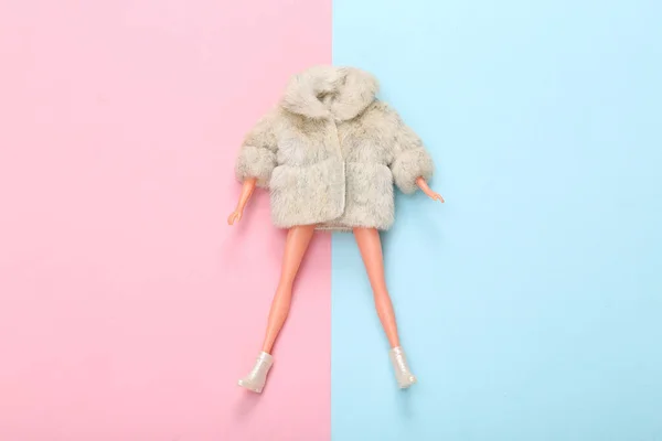 Woman Doll Fur Coat Shoes Blue Pink Pastel Background Minimalism — Stock Photo, Image