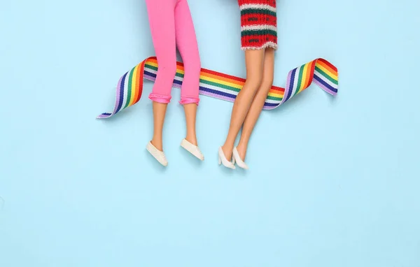 Doll Female Legs Lgbt Rainbow Tape Blue Background Creative Minimalistic — Stock Photo, Image