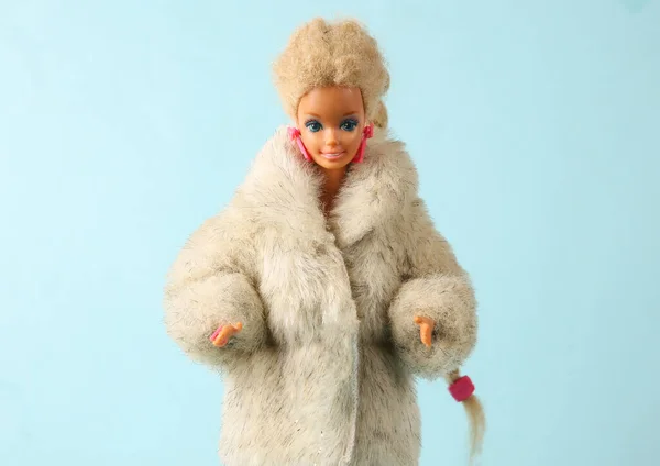 Odessa Ukraine June 2021 Barbie Doll Fur Coat Blue Background — Stock Photo, Image