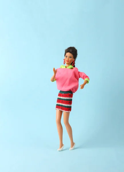 Odessa Ukraine June 2021 Hispanic Barbie Doll Blue Pastel Background — Stock Photo, Image