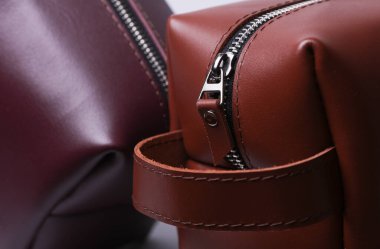 Deri kozmetik torbaları organizatörler makroyu kapatır